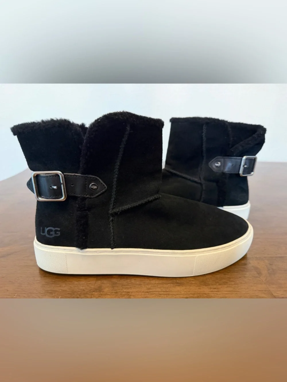 UGG Aika Mid-Height Flat Boots Black Genuine Suede Booties Fur Lining